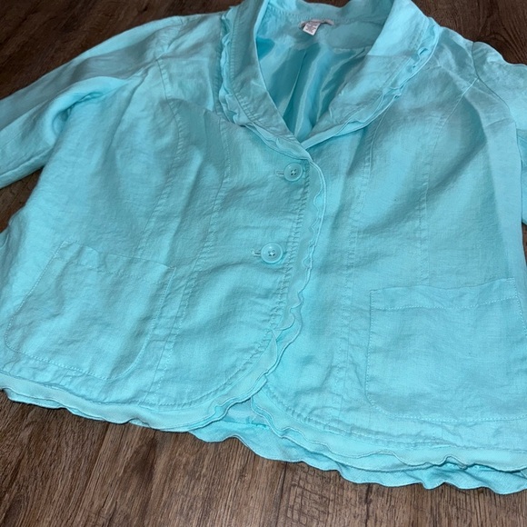 Kim Rogers • Linen Ruffle Trim 3/4 Sleeve Blazer Jacket - Picture 3 of 9